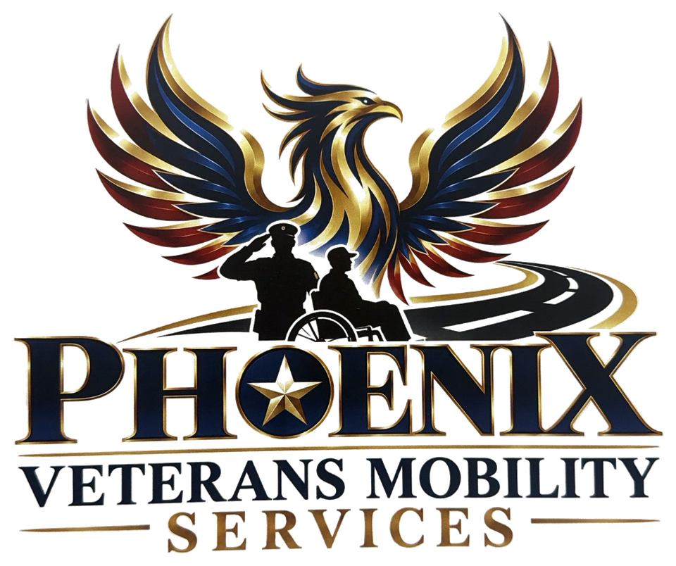 Phoenix Veterans Mobility Services logo: a gold, red and blue phoenix with wings spread above a saluting service member and a veteran in a wheelchair beside a winding road